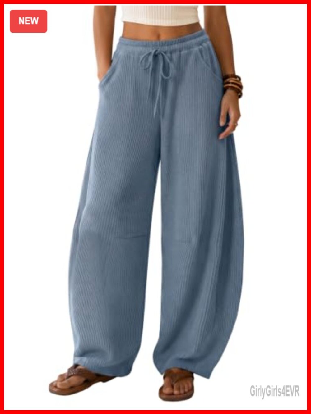 Waffle Knit Barrel Wide Leg Drawstring Sweatpants Baggy Lounge Pants